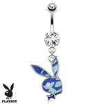 Playboy Belly Button Ring Dangle Barbell Paved Gems Blue Bunny 14G Steel 316L Body Jewelry - BodyJ4you