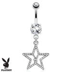 Playboy Belly Button Ring Dangle Barbell Paved Gems Star Bunny 14G Steel 316L Body Jewelry - BodyJ4you