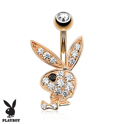 Playboy Belly Button Ring Navel Barbell Multi Paved Gems Bunny 14G Rose Gold Surgical Steel 316L Body Jewelry - BodyJ4you