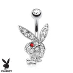 Playboy Belly Button Ring Navel Barbell Multi Paved Gems Bunny 14G Surgical Steel 316L Body Jewelry - BodyJ4you