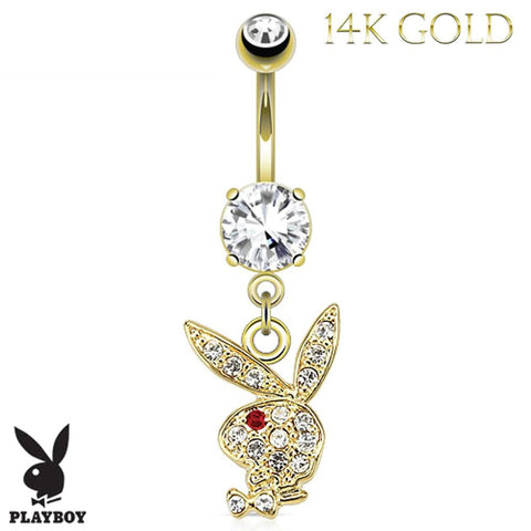 Playboy Belly Button Ring Navel Dangle 14kt Plated Barbell Paved Gems Bunny 14G Body Jewelry - BodyJ4you