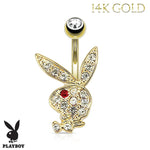 Playboy Belly Button Ring Navel Gold 14kt Plated Barbell Multi Paved Gems Bunny 14G Body Jewelry - BodyJ4you