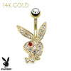 Playboy Belly Button Ring Navel Gold 14kt Plated Barbell Multi Paved Gems Bunny 14G Body Jewelry - BodyJ4you