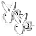 Playboy Bunny Earrings Studs Brushed Steel Round Minimalistic Geometric Statement Women Girls Teens - BodyJ4you