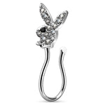 Playboy Bunny Fake Nose Clip On Ring Lined CZ Crystals Non-Piercing Stainless Steel Ear Illusion Jewelry - BodyJ4you