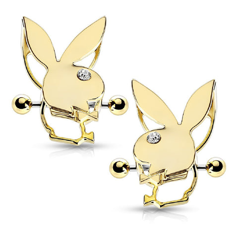 Playboy Nipple Bar Bunny Crystals Double Tier Shields Goldtone 14G Jewelry 2PCS - BodyJ4you