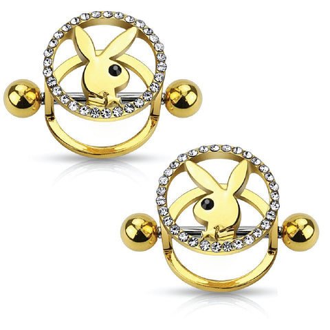 Playboy Nipple Bar Bunny CZ Paved Circle 316L Goldtone Surgical Steel 14G Jewelry 2PCS - BodyJ4you