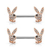 Playboy Nipple Bar Crystal Paved Bunny 14G Rose Goldtone 316L Surgical Steel Ring 2PCS - BodyJ4you