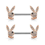 Playboy Nipple Bar Crystal Paved Bunny 14G Rose Goldtone 316L Surgical Steel Ring 2PCS - BodyJ4you