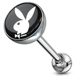 Playboy Tongue Barbell Bunny Black White Rabbit Logo 14G Stainless Steel Body Piercing Rings - BodyJ4you
