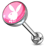 Playboy Tongue Barbell Bunny Pink White Rabbit Logo 14G Stainless Steel Body Piercing Rings - BodyJ4you