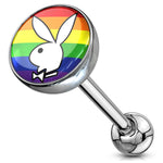 Playboy Tongue Barbell Bunny Rainbow Gay Pride Rabbit Logo 14G Stainless Steel Body Piercing Rings - BodyJ4you